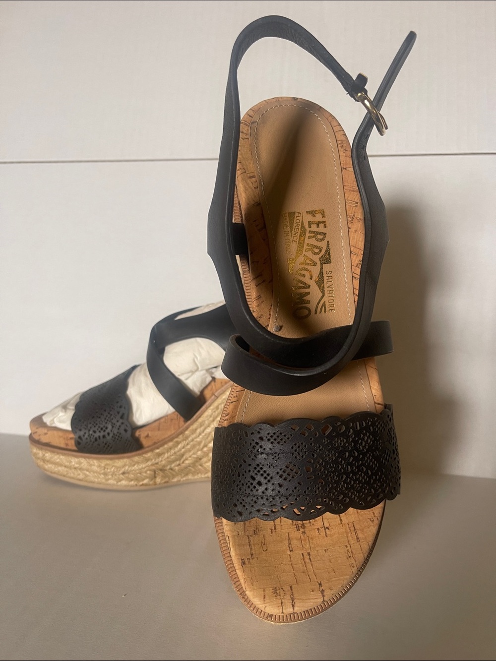 Salvatore Ferragamo Black Leather Wedge Espadrille Sandals